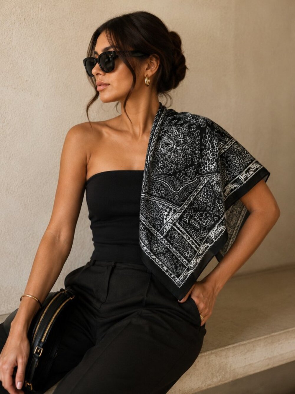 Black White Paisley Silk Blend Scarf Hand Rolled Edge Square Bandana Neck Hair